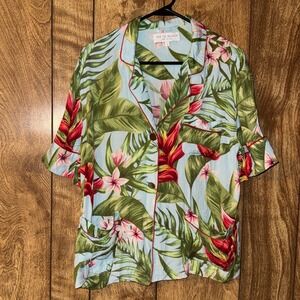 Bed to Brunch Tropical Floral Rayon Button Down Shirt Blue Green Red Women Small